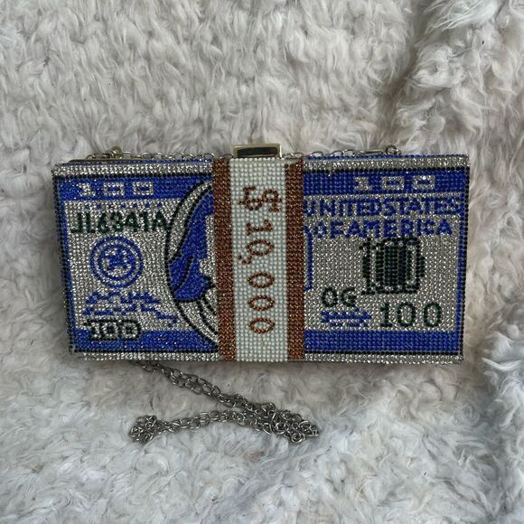 Rhinestones , Royal blue ,black and rose gold Dollar Frame clutch. - Picture 3 of 9